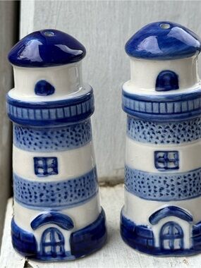 Whimsy Hand Painted Blue and White Lighthouse Salt & Pepper Shakers